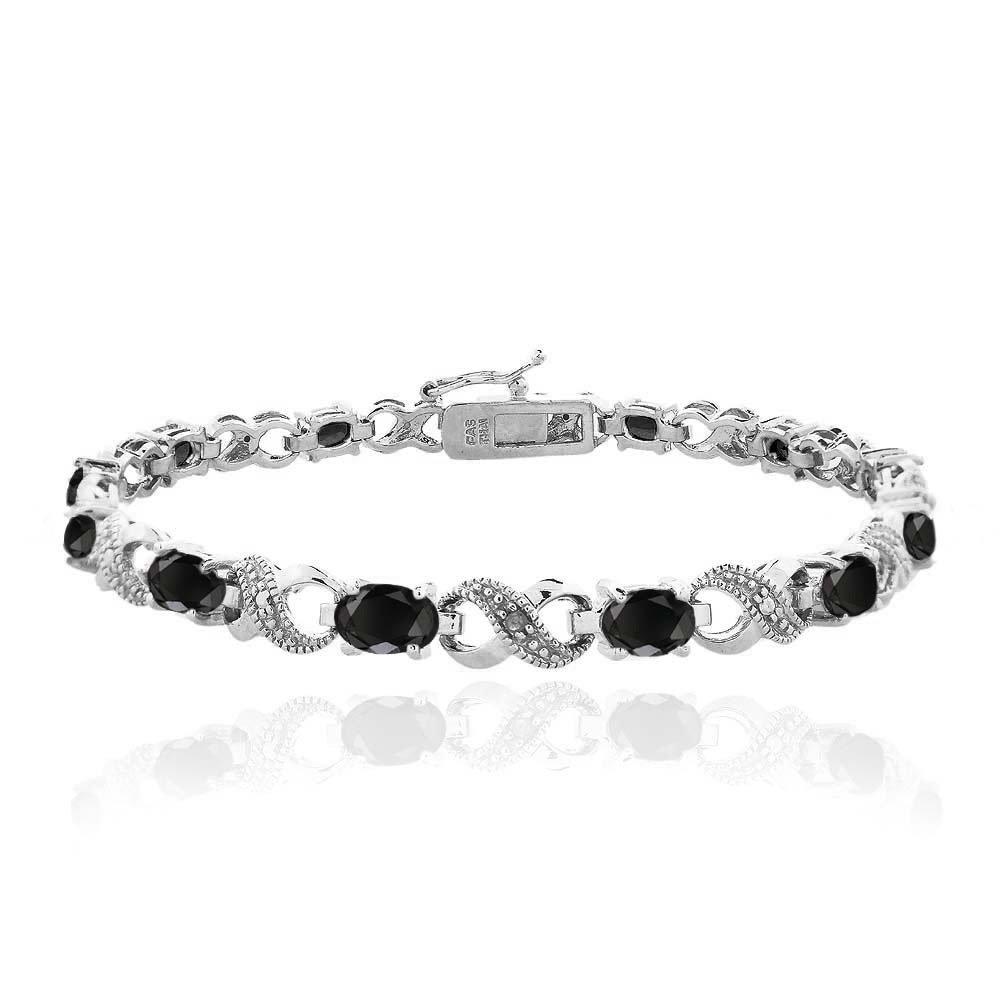 10.00 CT Genuine Black Onyx Infinity Bracelet Embellished with Swarovski Crystals in 18K White Gold Plated
