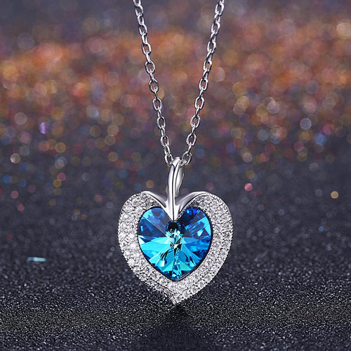 Bermuda Blue Swarovski Crystals Sterling Silver Pave Heart Necklace