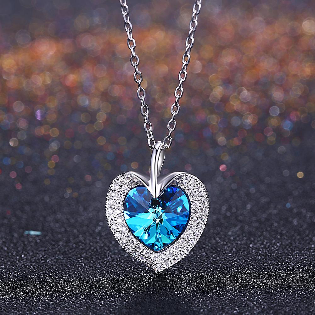 Bermuda Blue Swarovski Crystals Sterling Silver Pave Heart Necklace