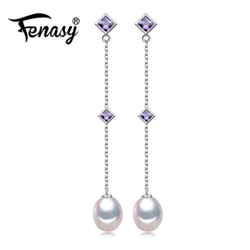 FENASY charm long earrings 925 sterling silver earrings drop pearl, fashion Purple gems Earrings