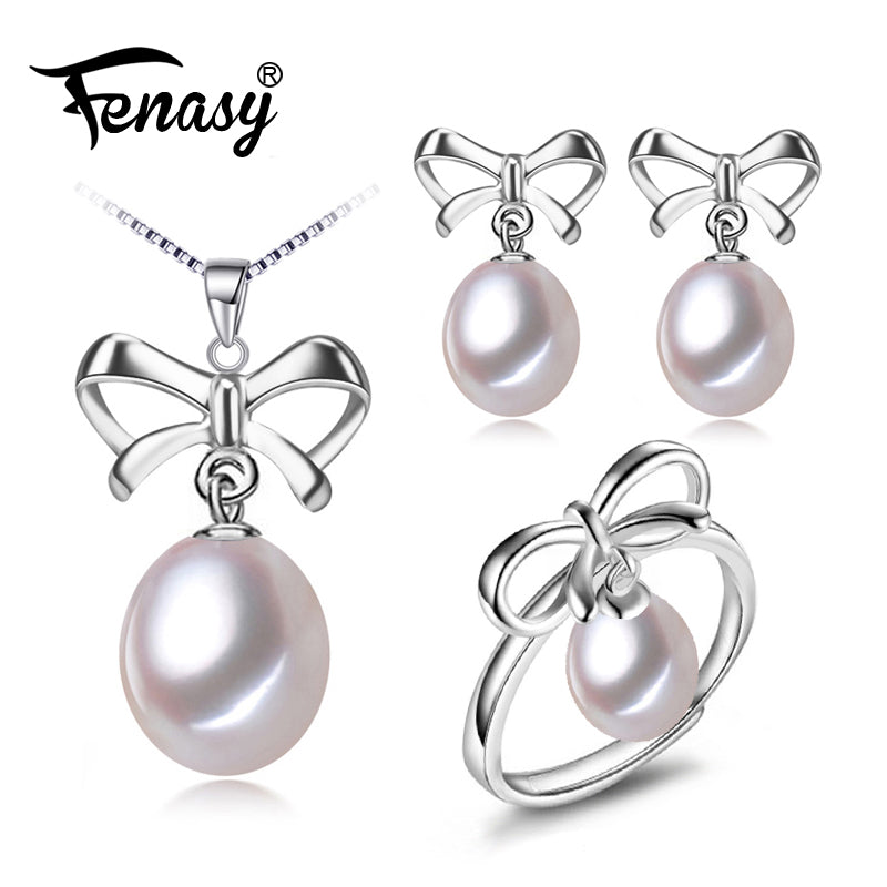 FENASY Bridal Pearl Jewelry sets,best friends Natural Pearl pendant Necklace women/bowknot earrings,cute pearl earrings female