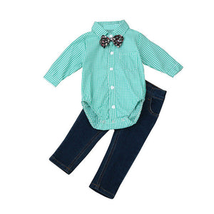 Baby Boy ClothesSet / Tie Plaid Tops Shirt+Jeans Long Pants 1Set