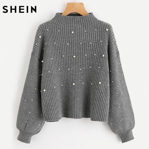 SHEIN Pearl Beaded Rib Knit  Womens Pullover Sweaters