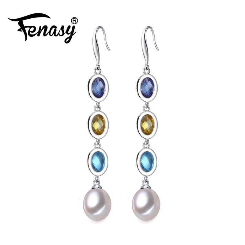 FENASY Sapphire earring-Pearl long earrings - Bohemian pearl  925 sterling silver drop earrings