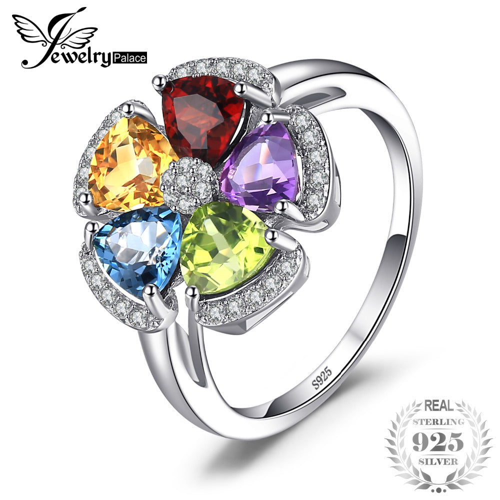 JewelryPalace  2.6ct Natural Blue Topaz/ Amethyst/ Citrine/ Garnet/ Peridot Ring 925 Sterling Silver