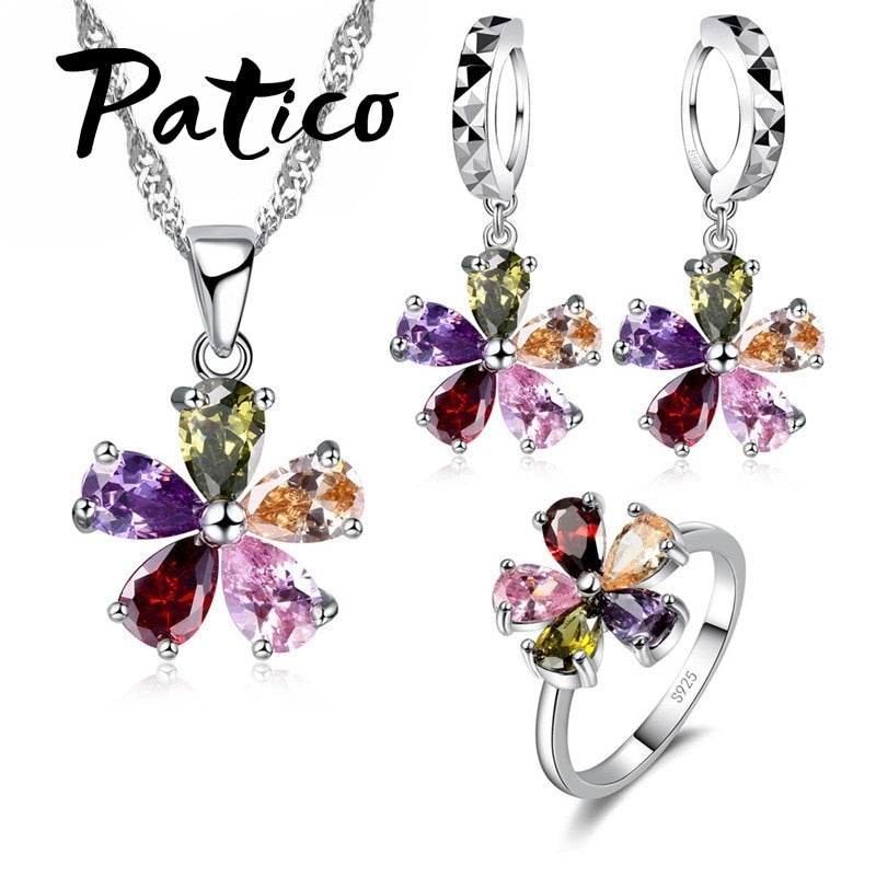 PATICO Top Quality Jewelry Set - Shining Colorful Cubic Zircon Crystal Flower