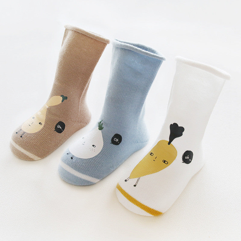 3 Pairs Autumn and Winter Long Tube Baby Socks, Cartoon Printing Glue, Cotton