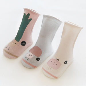 3 Pairs Autumn and Winter Long Tube Baby Socks, Cartoon Printing Glue, Cotton