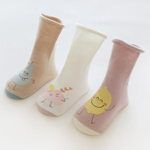 3 Pairs Autumn and Winter Long Tube Baby Socks, Cartoon Printing Glue, Cotton