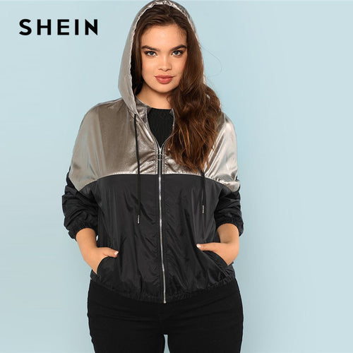 SHEIN Nylon Colorblock Streetwear Plus Size Zipper Closure Womens Hooded Jackets