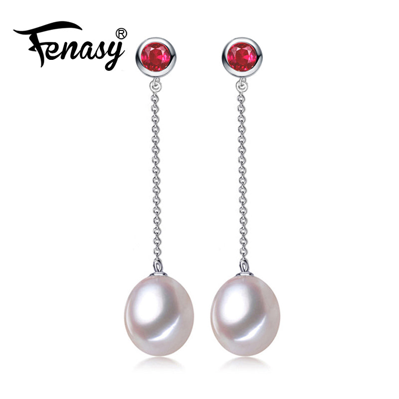 FENASY charm long earrings 925 sterling silver earrings drop pearl, fashion ruby Earrings for women wedding trendy earrings