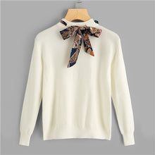 Load image into Gallery viewer, SHEIN Preppy Knotted Decoration Tie Neck Stand Collar Solid Casual Women Sweater