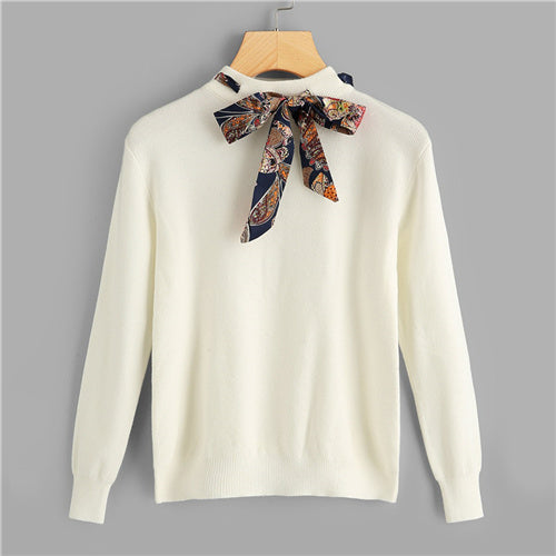 SHEIN Preppy Knotted Decoration Tie Neck Stand Collar Solid Casual Women Sweater