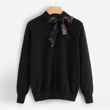 Load image into Gallery viewer, SHEIN Preppy Knotted Decoration Tie Neck Stand Collar Solid Casual Women Sweater