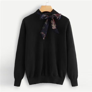 SHEIN Preppy Knotted Decoration Tie Neck Stand Collar Solid Casual Women Sweater