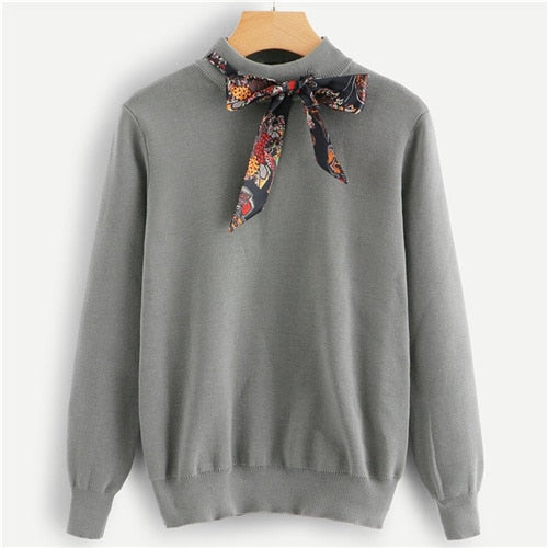 SHEIN Preppy Knotted Decoration Tie Neck Stand Collar Solid Casual Women Sweater