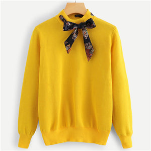 SHEIN Preppy Knotted Decoration Tie Neck Stand Collar Solid Casual Women Sweater