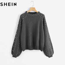 Load image into Gallery viewer, SHEIN Grey Pearl Beading Lantern Sleeve Plus Size Women Acrylic Pullover Sweater