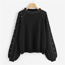 Load image into Gallery viewer, SHEIN Grey Pearl Beading Lantern Sleeve Plus Size Women Acrylic Pullover Sweater