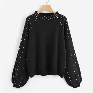 SHEIN Grey Pearl Beading Lantern Sleeve Plus Size Women Acrylic Pullover Sweater