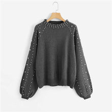 Load image into Gallery viewer, SHEIN Grey Pearl Beading Lantern Sleeve Plus Size Women Acrylic Pullover Sweater