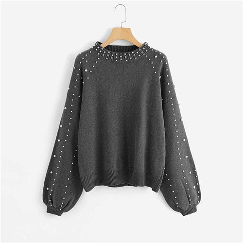 SHEIN Grey Pearl Beading Lantern Sleeve Plus Size Women Acrylic Pullover Sweater