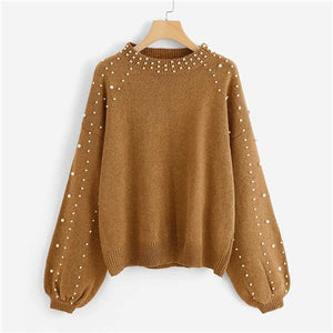 SHEIN Grey Pearl Beading Lantern Sleeve Plus Size Women Acrylic Pullover Sweater