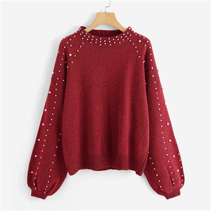 SHEIN Grey Pearl Beading Lantern Sleeve Plus Size Women Acrylic Pullover Sweater