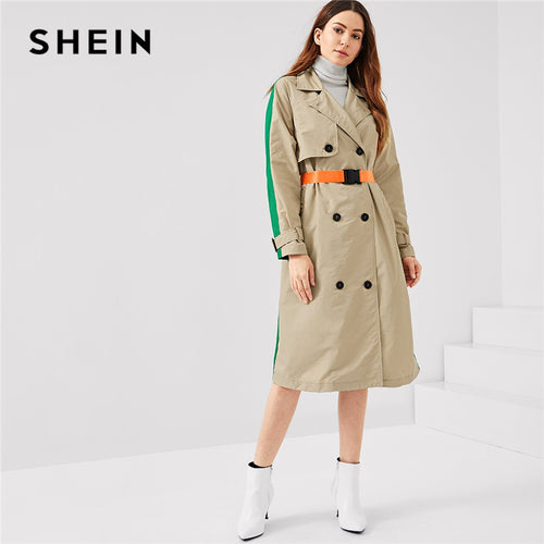 SHEIN Multicolor Lady Highstreet Colorblock Pocket Double Breasted Trench Coat