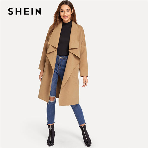 SHEIN Camel Elegant Knee Length Draped Pocket Front Waterfall Coat