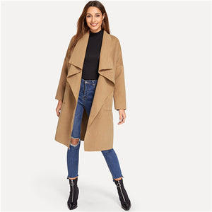 SHEIN Camel Elegant Knee Length Draped Pocket Front Waterfall Coat