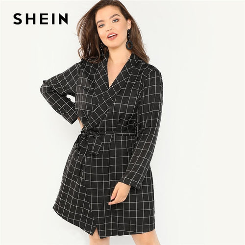 SHEIN Black Elegant Shawl Collar Plus Size Belted Plaid Trench Coat