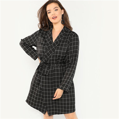 SHEIN Black Elegant Shawl Collar Plus Size Belted Plaid Trench Coat