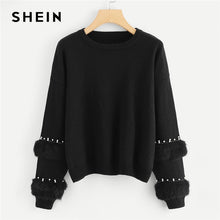 Load image into Gallery viewer, SHEIN Black Highstreet Elegant Pearl Beading Faux Fur Detail O-Neck Pullovers