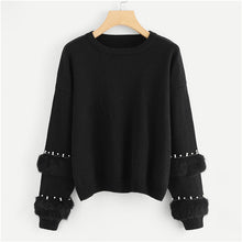 Load image into Gallery viewer, SHEIN Black Highstreet Elegant Pearl Beading Faux Fur Detail O-Neck Pullovers