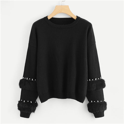 SHEIN Black Highstreet Elegant Pearl Beading Faux Fur Detail O-Neck Pullovers