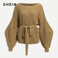 Load image into Gallery viewer, SHEIN Khaki Highstreet Ladies Bishop Sleeve Belted Solid Pullovers Sweater