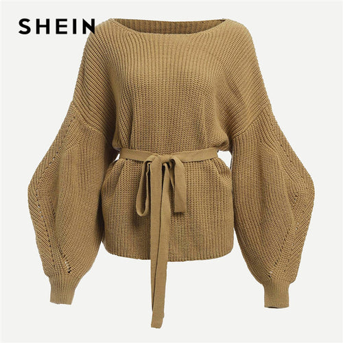 SHEIN Khaki Highstreet Ladies Bishop Sleeve Belted Solid Pullovers Sweater