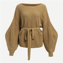 Load image into Gallery viewer, SHEIN Khaki Highstreet Ladies Bishop Sleeve Belted Solid Pullovers Sweater