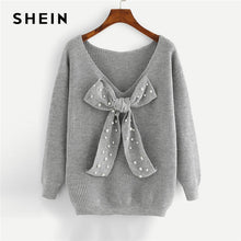 Load image into Gallery viewer, SHEIN Grey Preppy Elegant Plus Size Dropped Shoulder Bow  Solid Pullovers Sweater