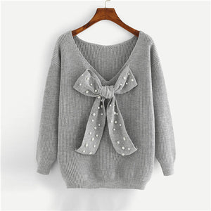 SHEIN Grey Preppy Elegant Plus Size Dropped Shoulder Bow  Solid Pullovers Sweater