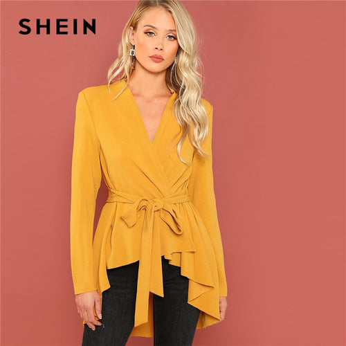 SHEIN Ginger Lady Elegant Asymmetrical Hem V neck Belted Solid Coat