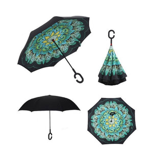 Self Stand Inside Out Rain C-Hook Hands Umbrellas Reverse Folding Windproof Umbrellas Double Layer Inverted Umbrella