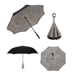 Self Stand Inside Out Rain C-Hook Hands Umbrellas Reverse Folding Windproof Umbrellas Double Layer Inverted Umbrella