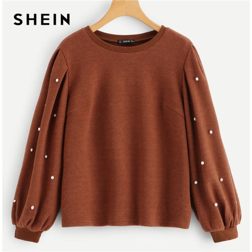 SHEIN Brown Elegant Casual Solid Ribbed Knit Pearls Beaded Pullover Tops Bishop Sleeve