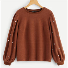 Load image into Gallery viewer, SHEIN Brown Elegant Casual Solid Ribbed Knit Pearls Beaded Pullover Tops Bishop Sleeve