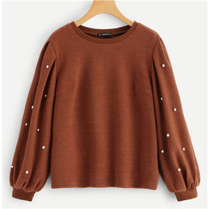 SHEIN Brown Elegant Casual Solid Ribbed Knit Pearls Beaded Pullover Tops Bishop Sleeve